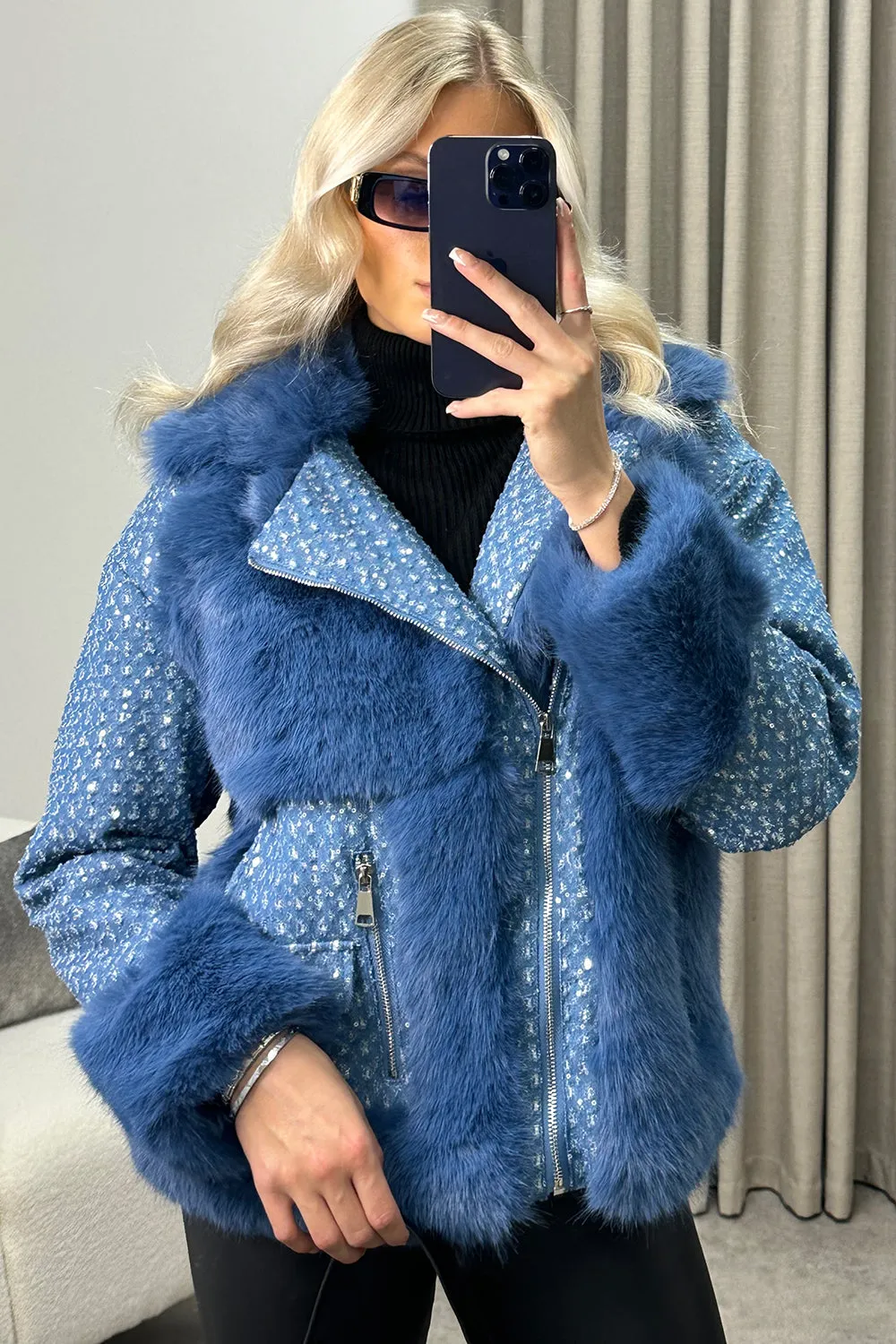 Colleen Blue Embellished Faux Fur Denim Biker Jacket
