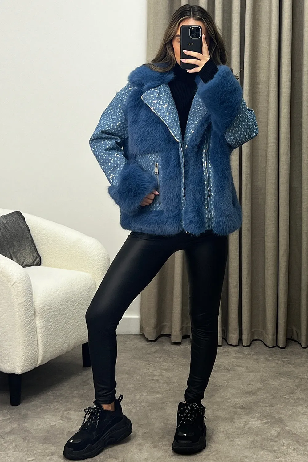 Colleen Blue Embellished Faux Fur Denim Biker Jacket
