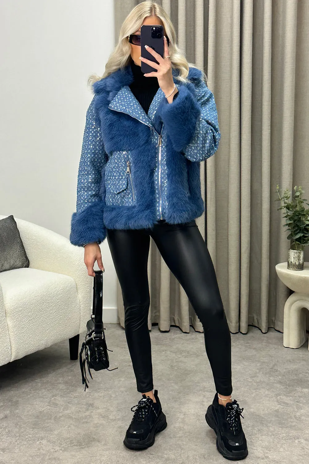 Colleen Blue Embellished Faux Fur Denim Biker Jacket