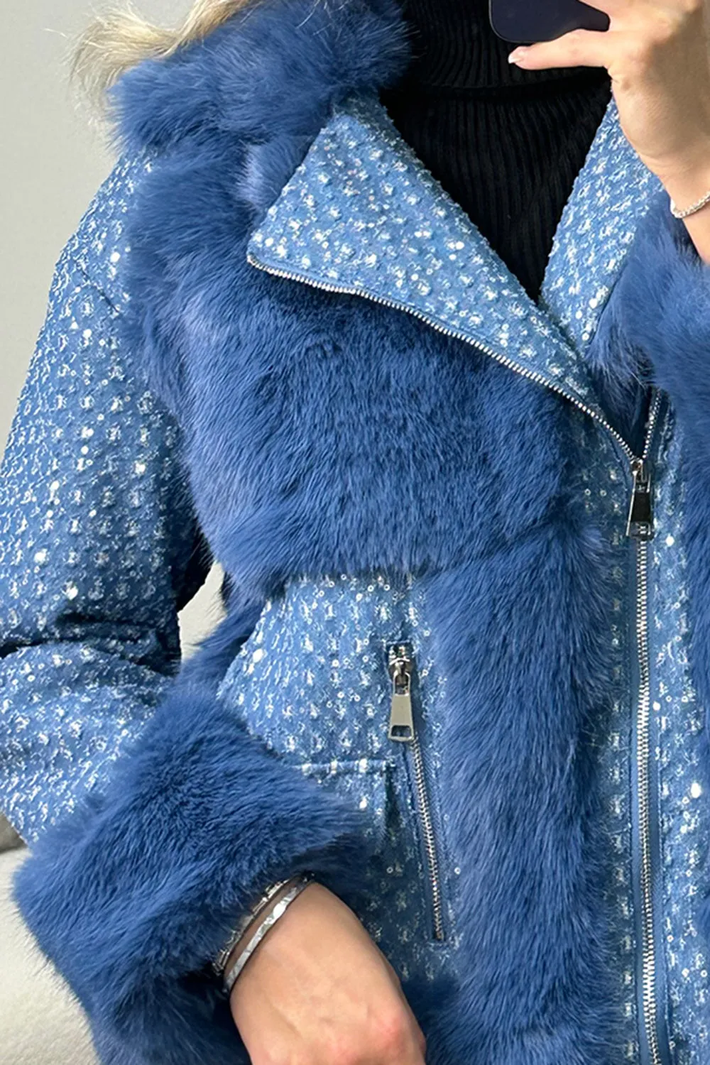 Colleen Blue Embellished Faux Fur Denim Biker Jacket