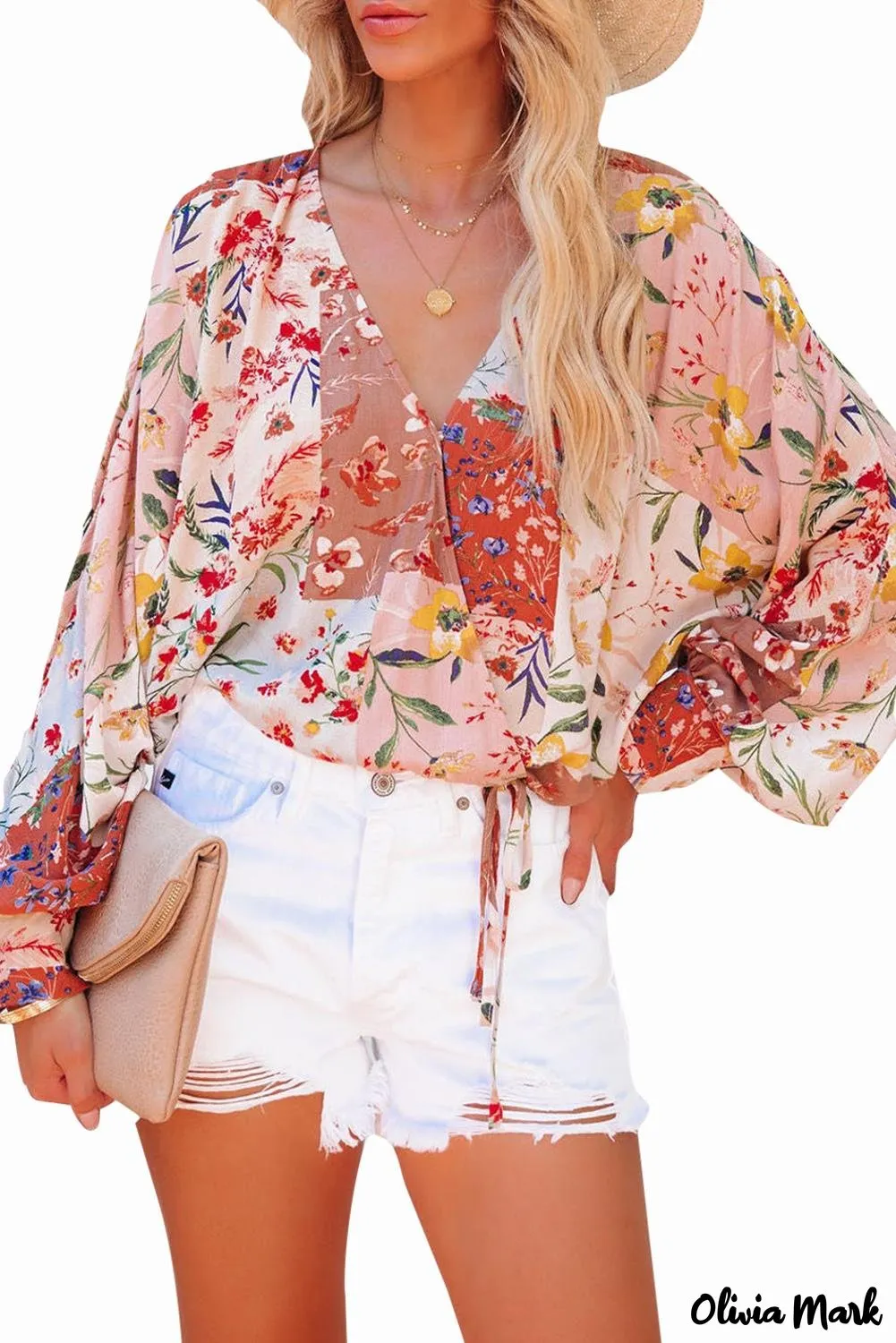 Deanwangkt - Multicolor Patchwork Floral Print V-Neck Wrap Blouse