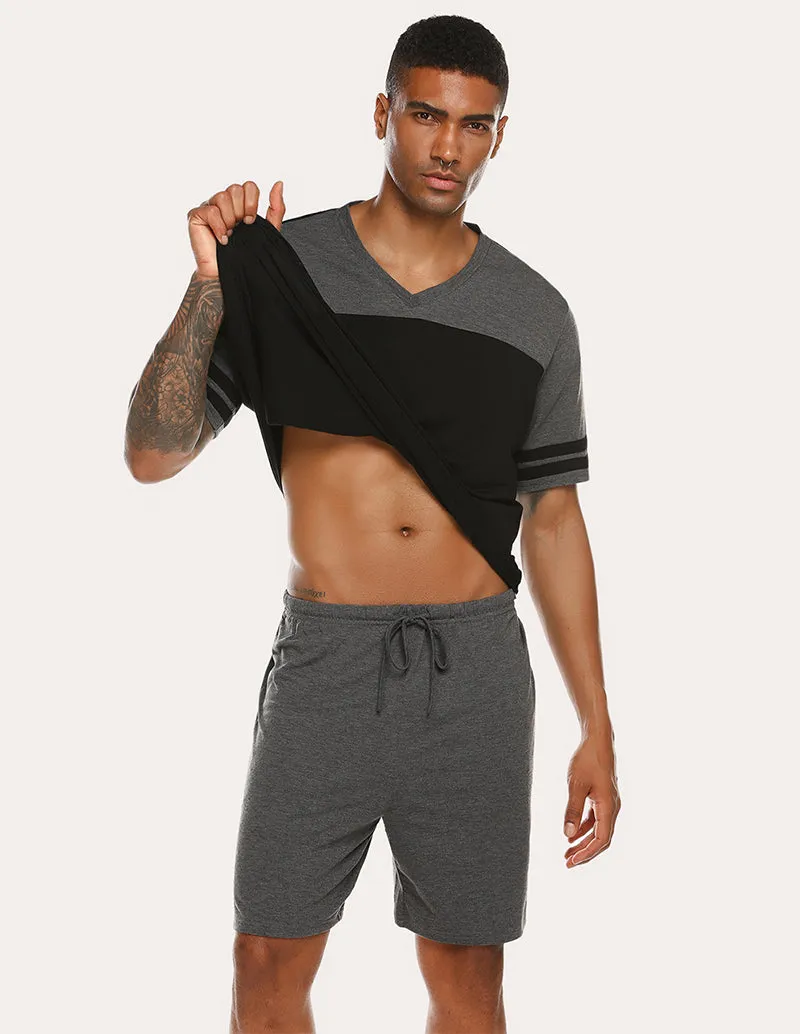Ekouaer Men Contrast Color T-Shirt Shorts Pajamas Set (US Only)