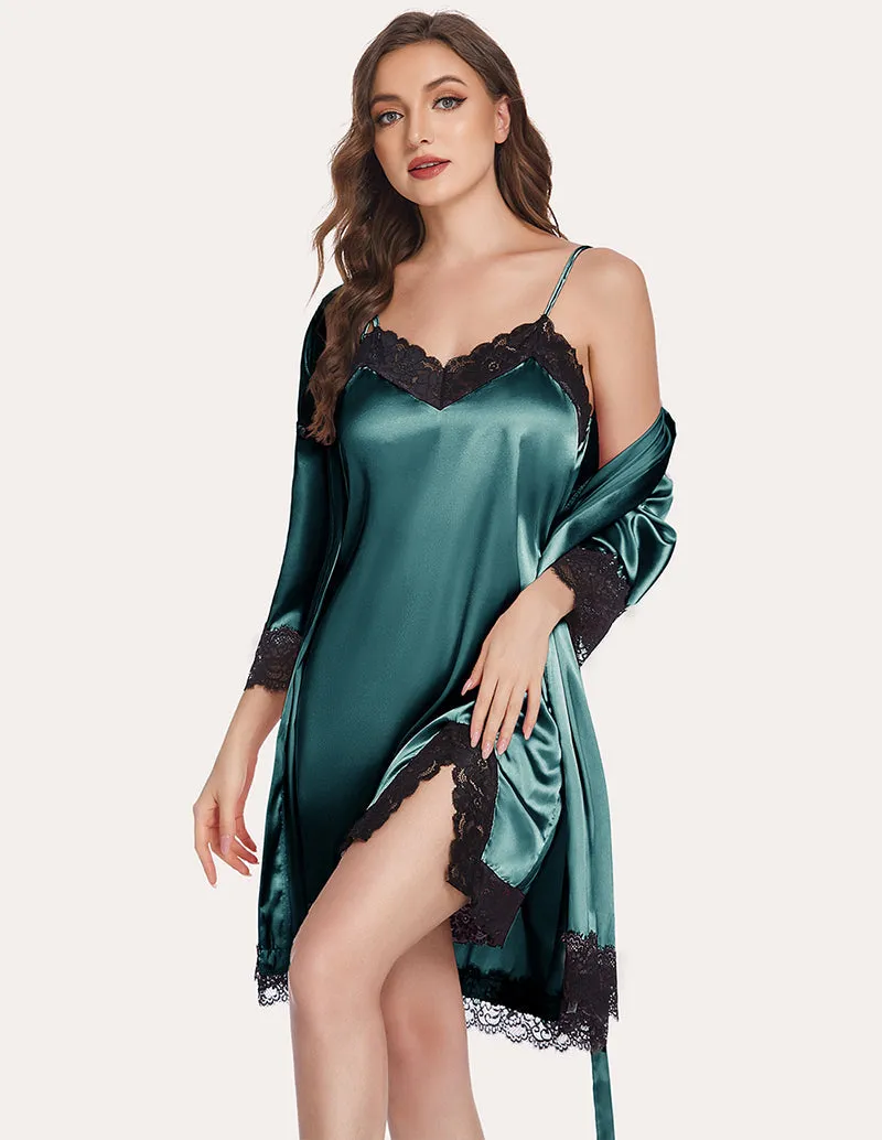 Ekouaer Satin Nightdress Robe Pajama Set (US Only)