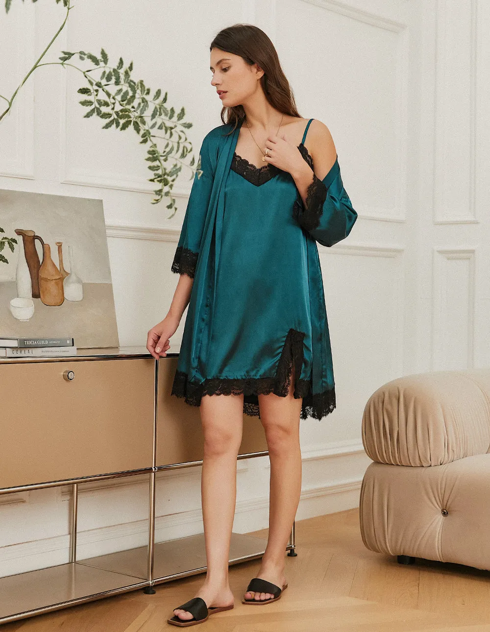 Ekouaer Satin Nightdress Robe Pajama Set (US Only)