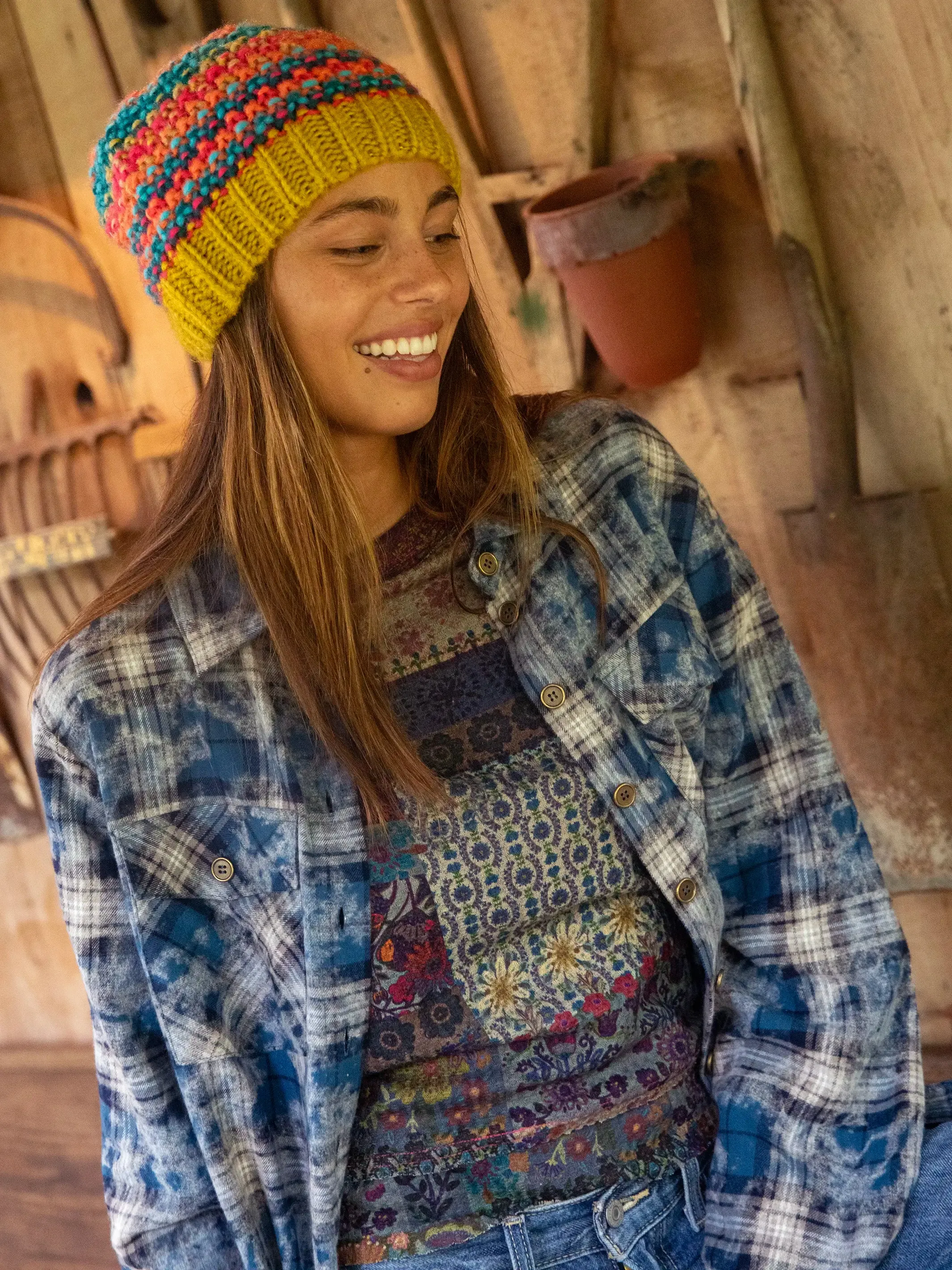 Elle Raglan Thermal Top - Blue Patchwork