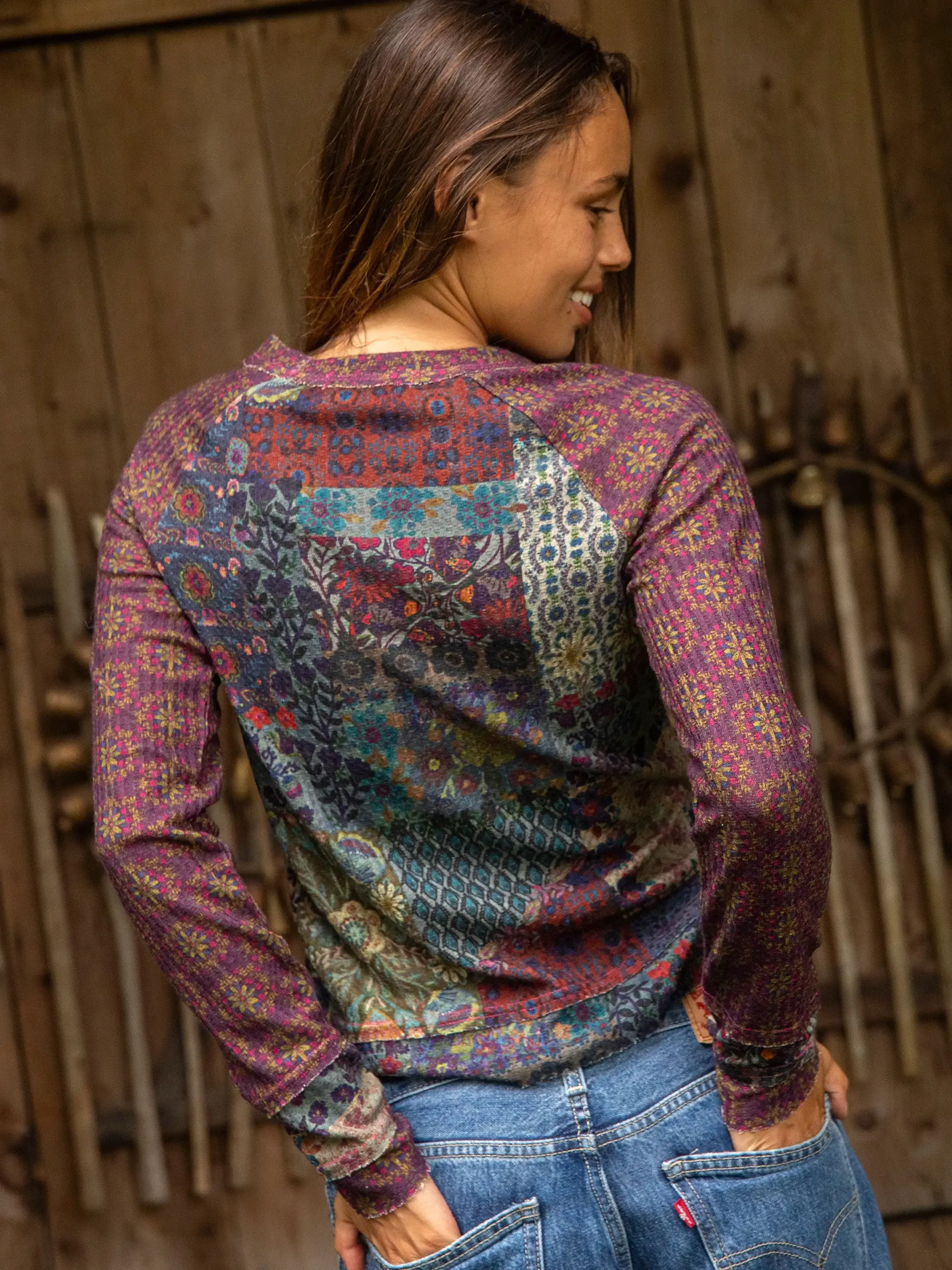 Elle Raglan Thermal Top - Blue Patchwork