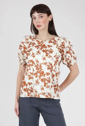 Floral Print Puff-Sleeve Top, Cream