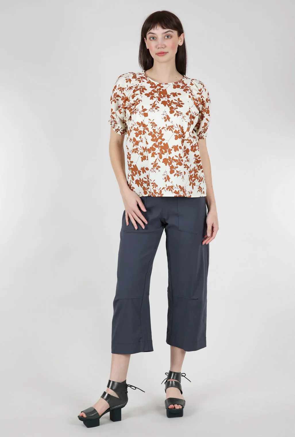 Floral Print Puff-Sleeve Top, Cream