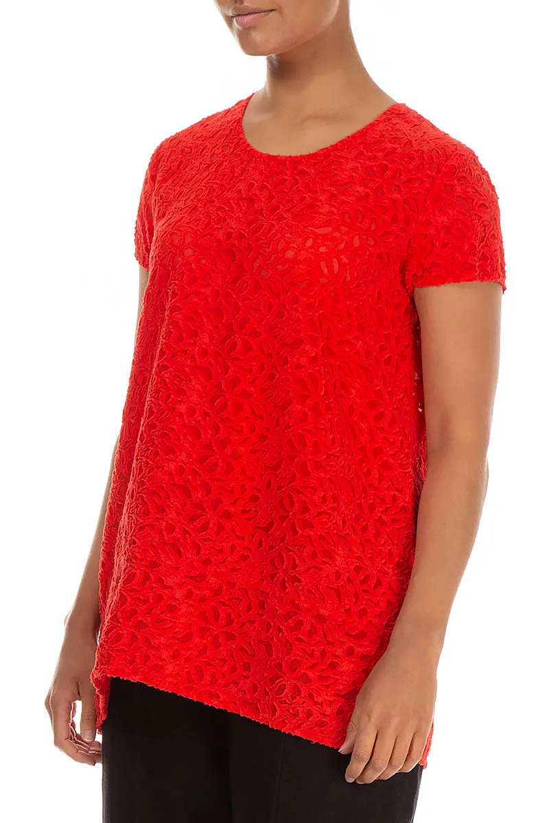 Floral Texture Bright Red Silk Blouse