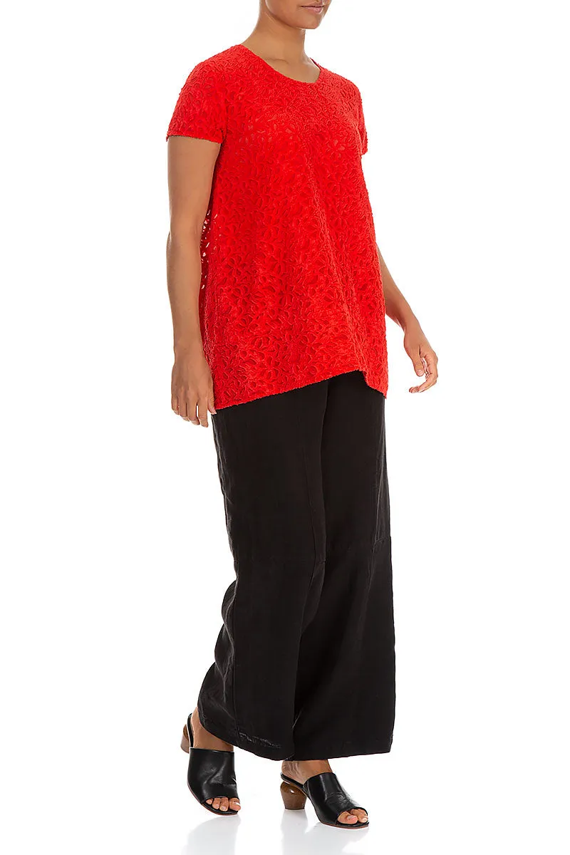 Floral Texture Bright Red Silk Blouse