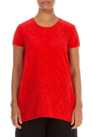 Floral Texture Bright Red Silk Blouse
