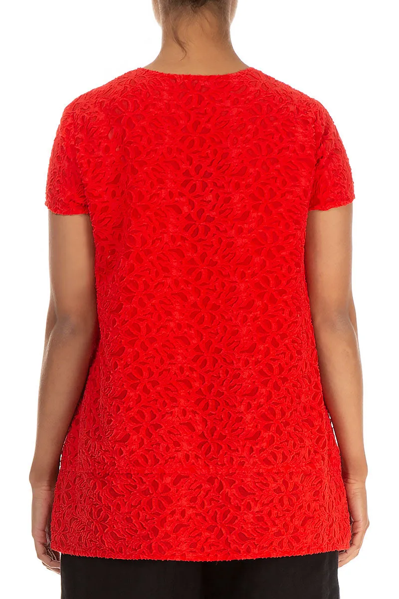 Floral Texture Bright Red Silk Blouse