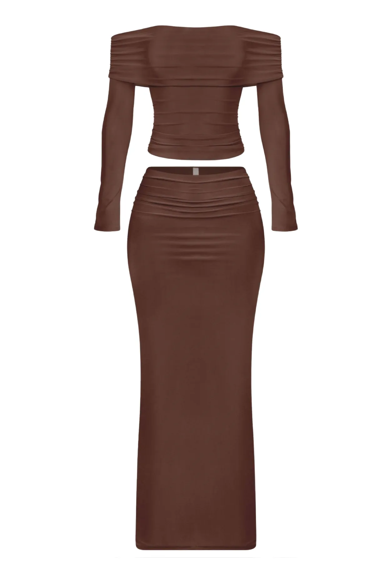 Helena Off Shoulder Long Sleeve Crop Top Maxi Skirt Set (Brown)