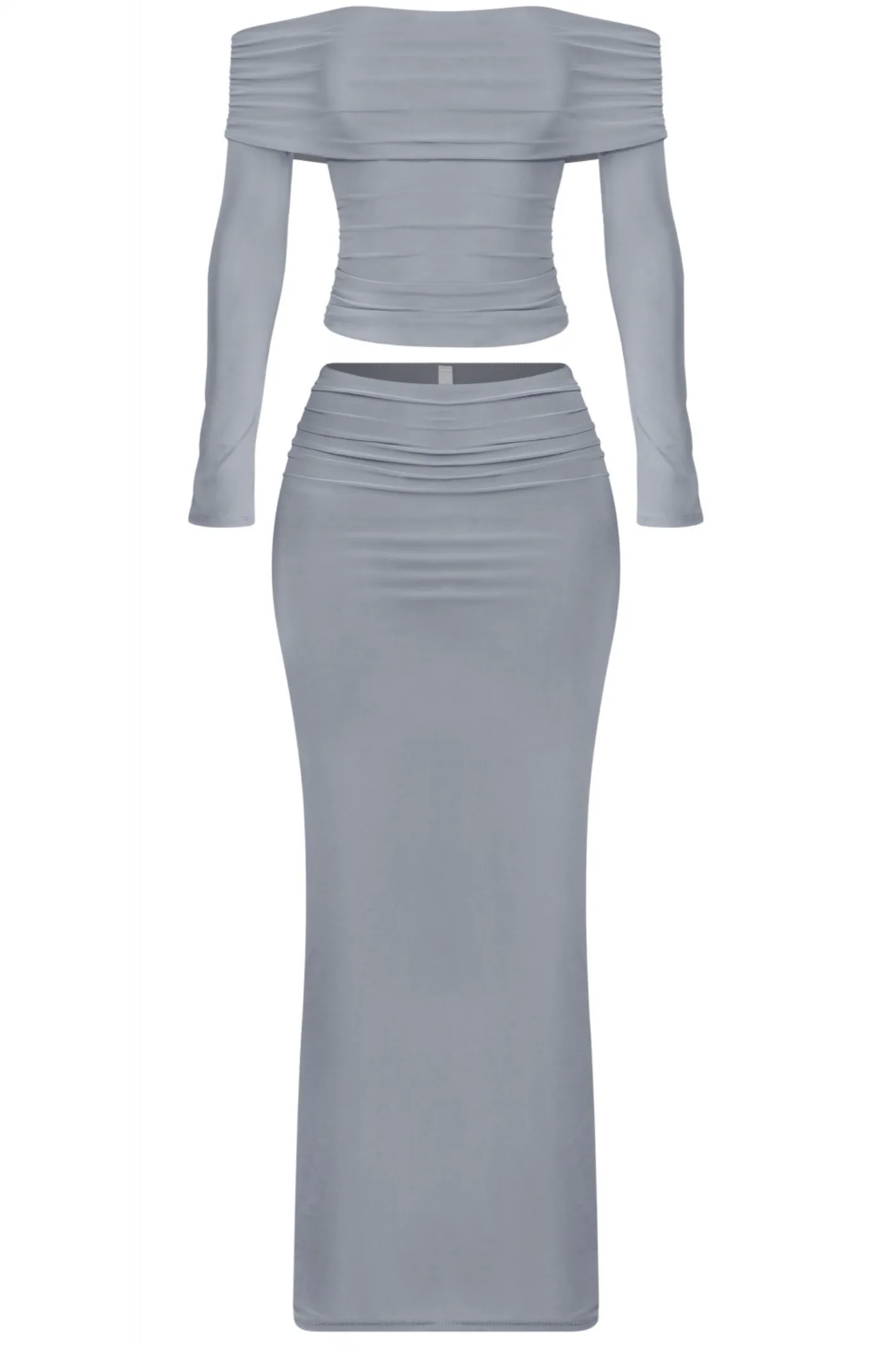 Helena Off Shoulder  Long Sleeve Crop Top Maxi Skirt Set (Charcoal)