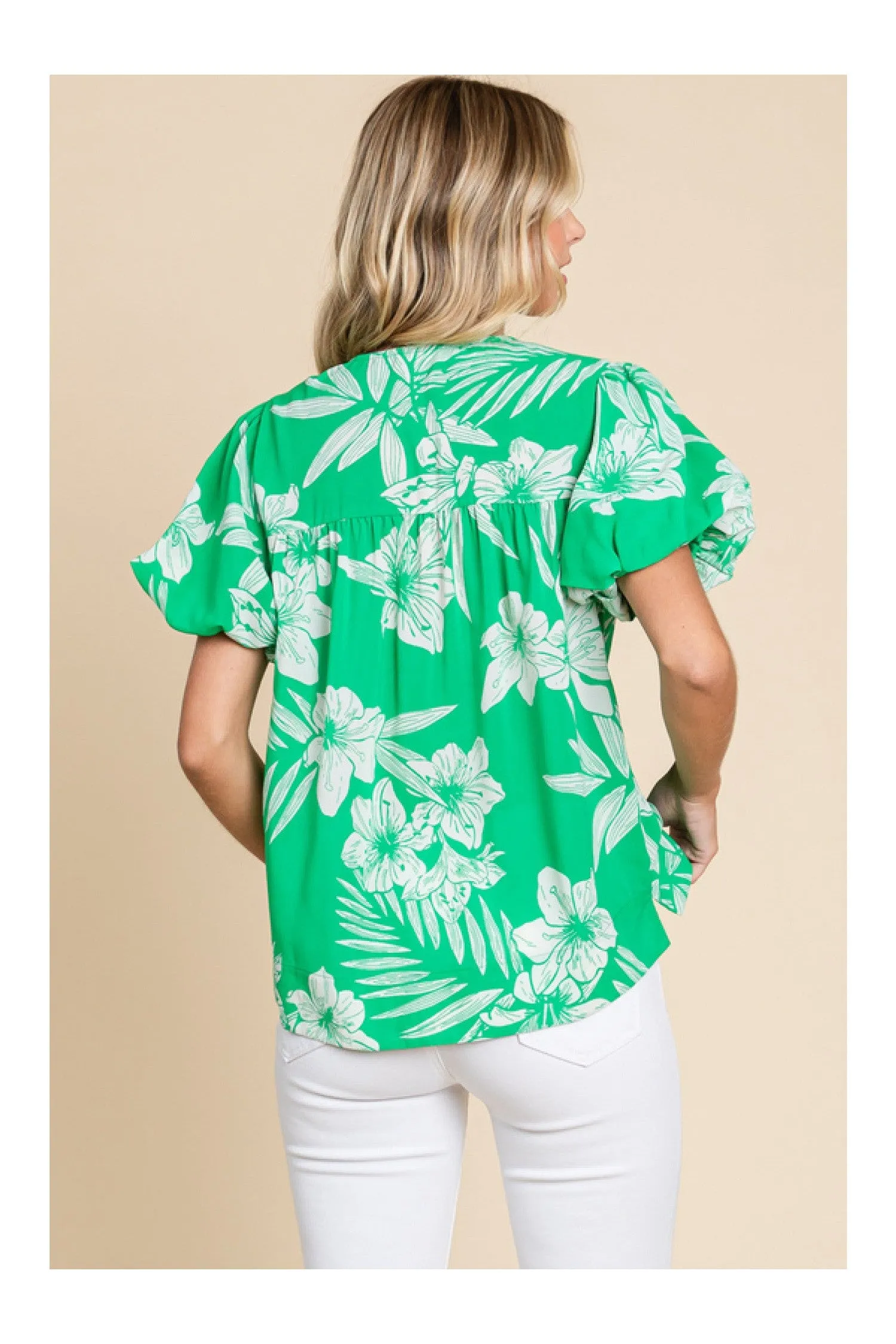 Jodifl Island Vibes Green And White Hawaiian Floral Shirt With Puff Sleeves