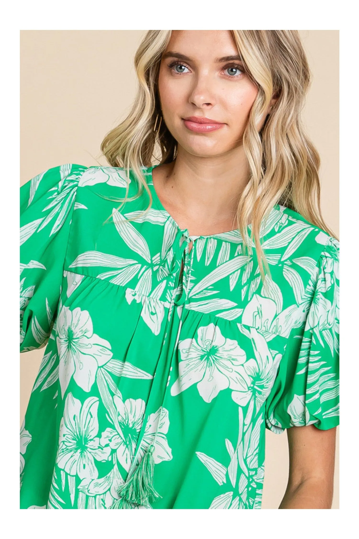 Jodifl Island Vibes Green And White Hawaiian Floral Shirt With Puff Sleeves