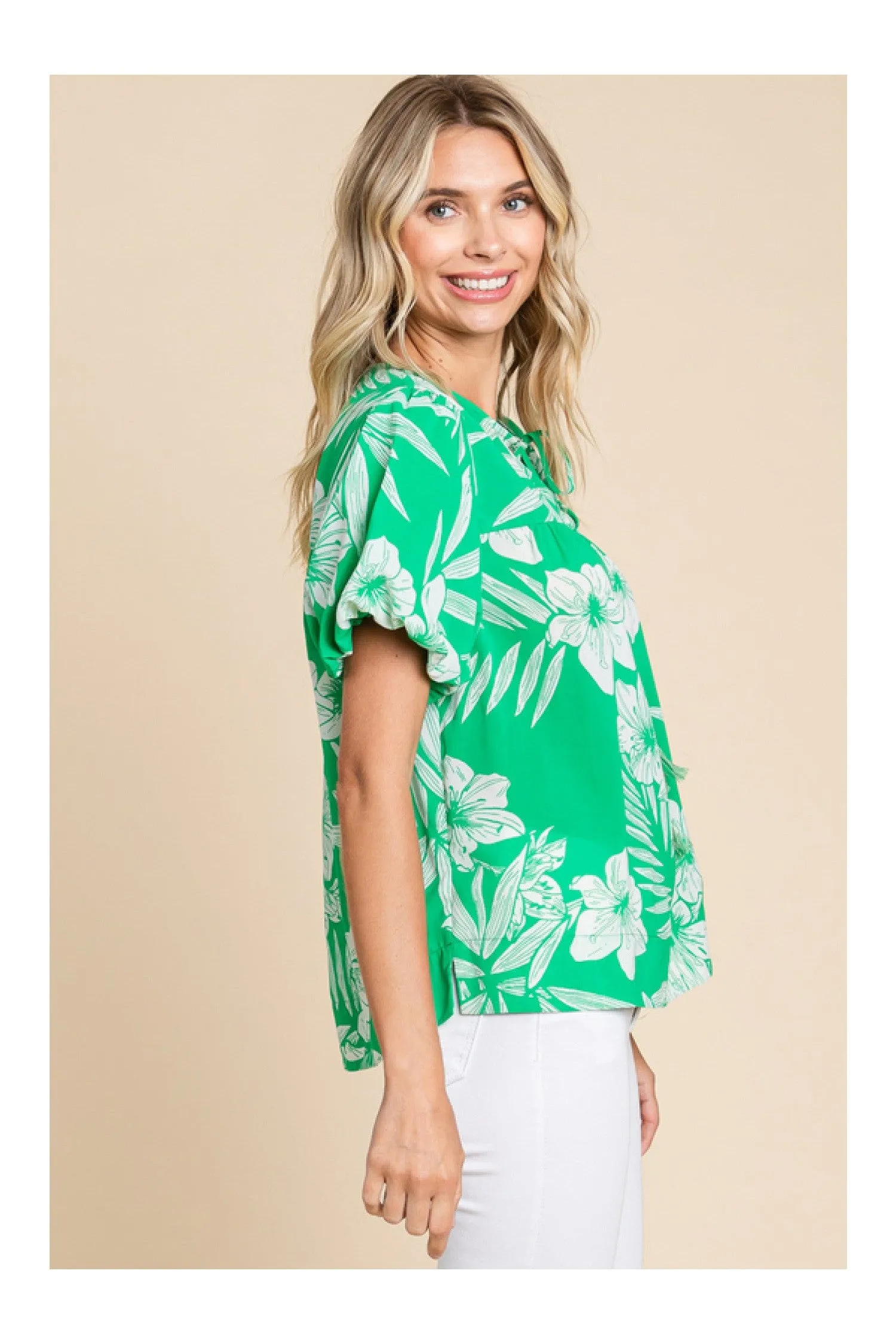 Jodifl Island Vibes Green And White Hawaiian Floral Shirt With Puff Sleeves