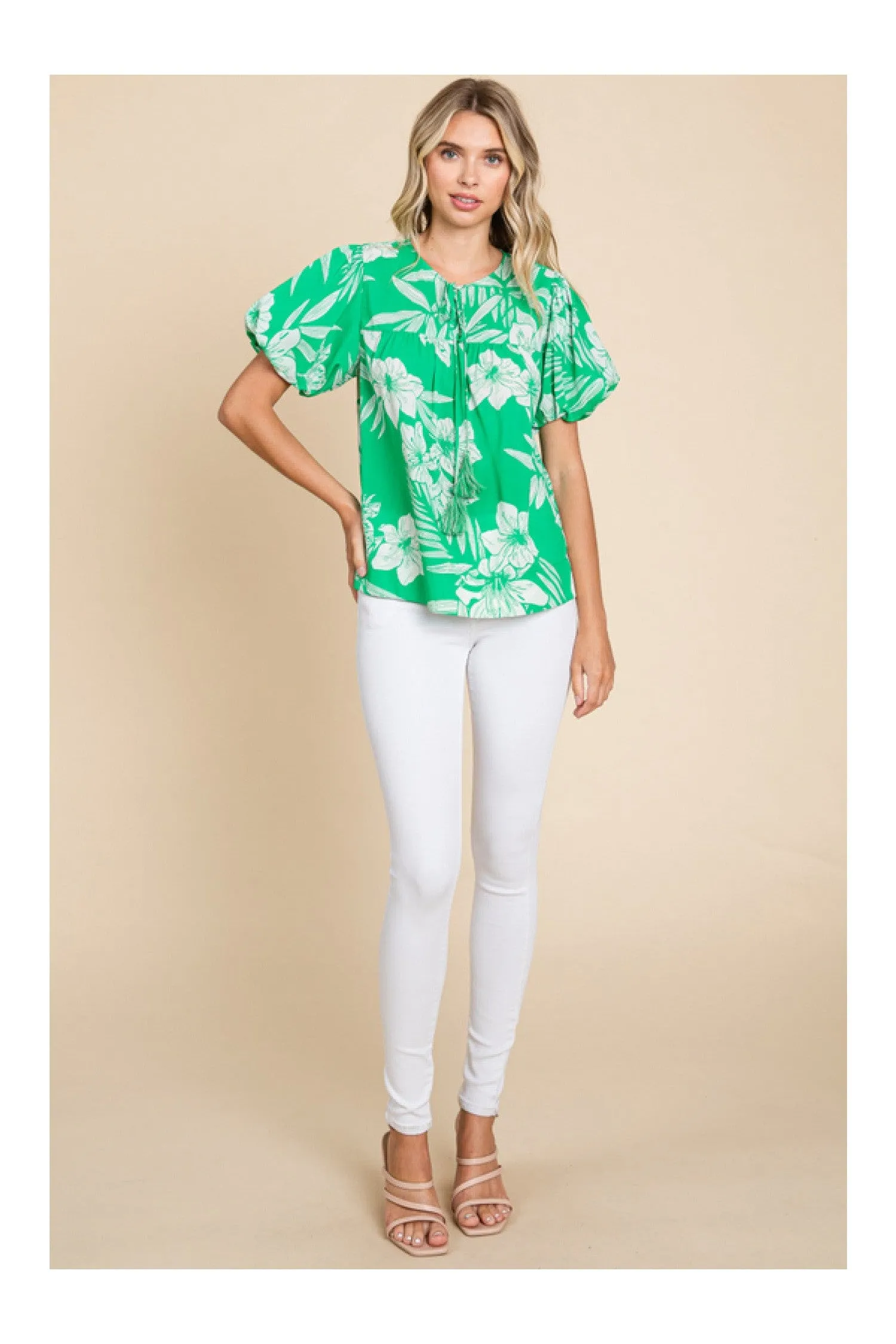 Jodifl Island Vibes Green And White Hawaiian Floral Shirt With Puff Sleeves