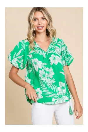 Jodifl Island Vibes Green And White Hawaiian Floral Shirt With Puff Sleeves