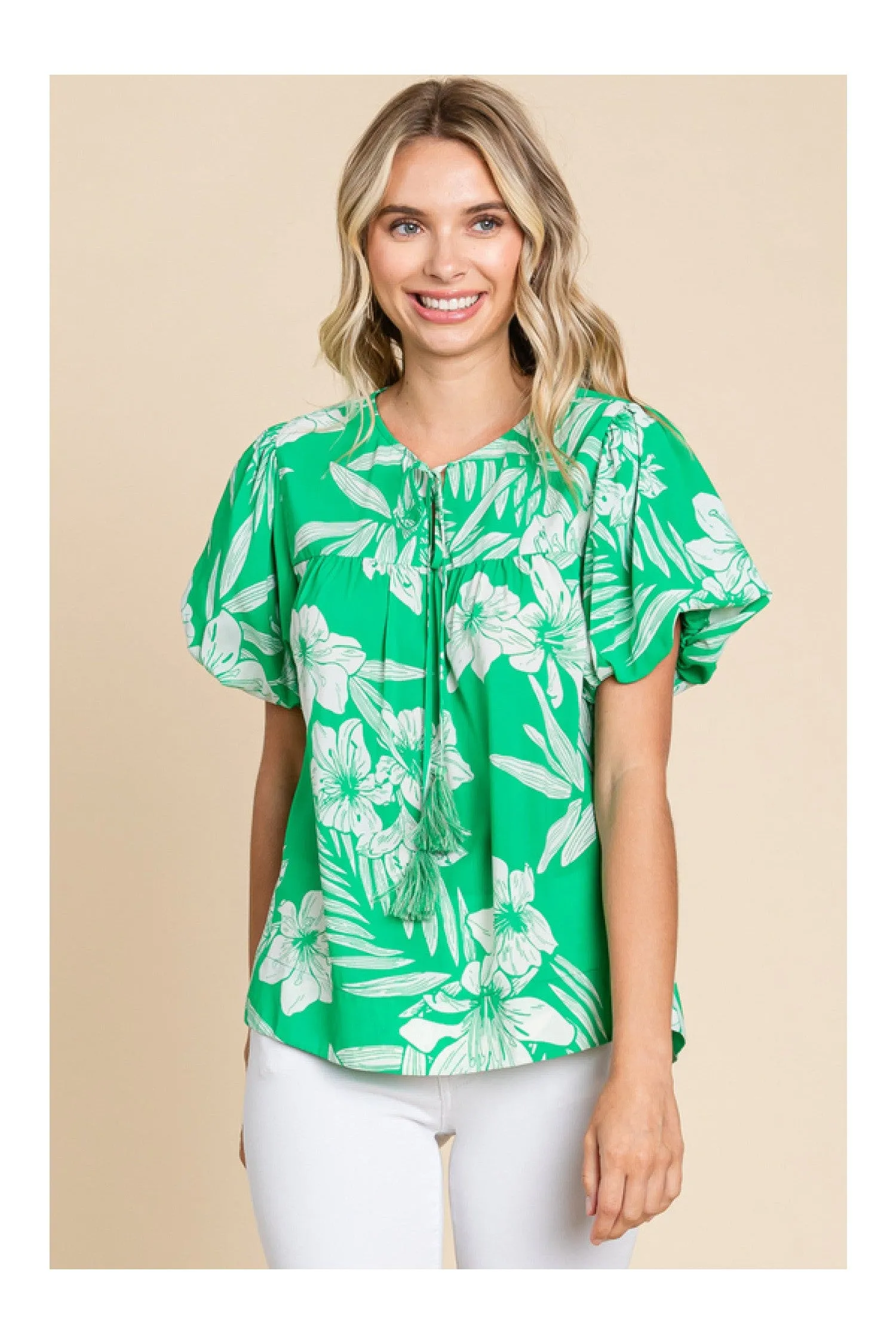 Jodifl Island Vibes Green And White Hawaiian Floral Shirt With Puff Sleeves