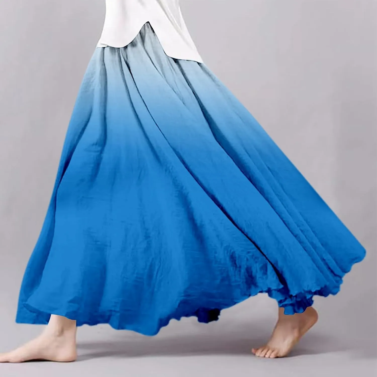 Linen Skirts for Women,Boho Maxi Skirts,Elastic Waist Long Skirt Double Layer Bohemian Beach A-Line Dress