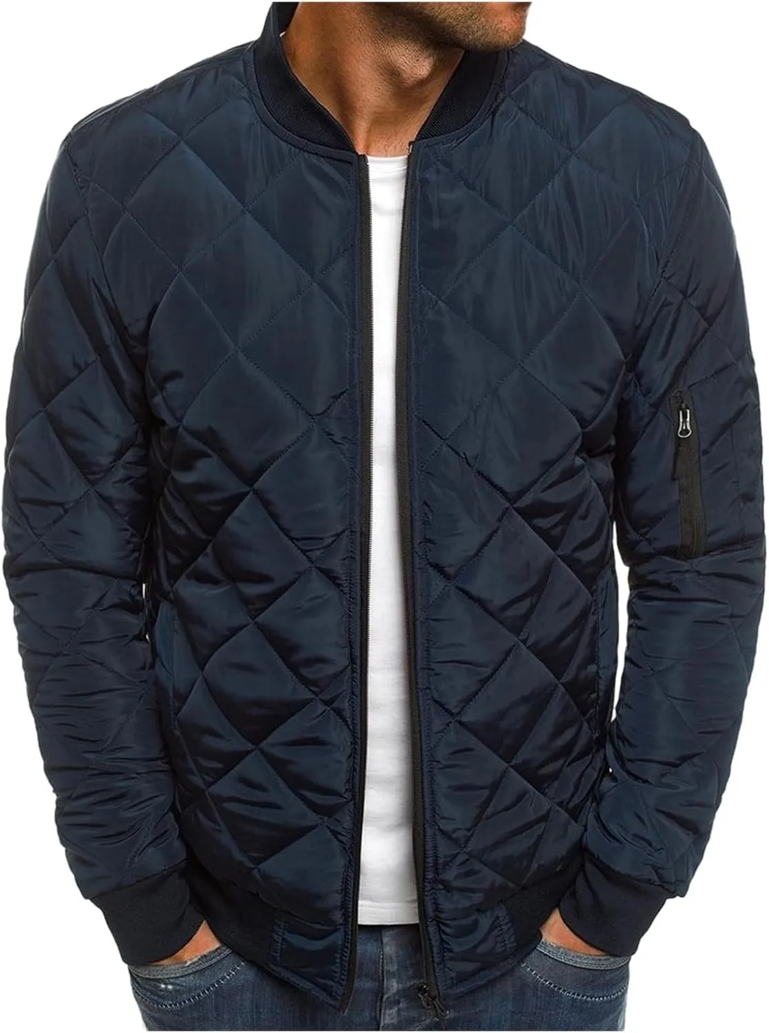 Mens Bomber Jacket Diamond Quilted Jackets Lightweight Varsity Winter Coat Warm Zip Up Cotton Padded Coats Outerwear