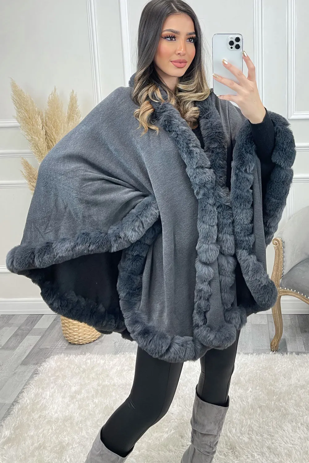Mindi Grey Faux Fur Cape