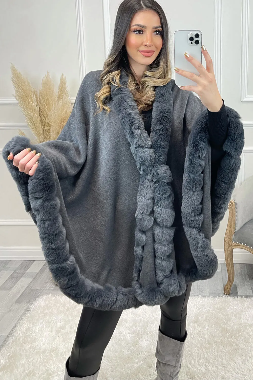 Mindi Grey Faux Fur Cape