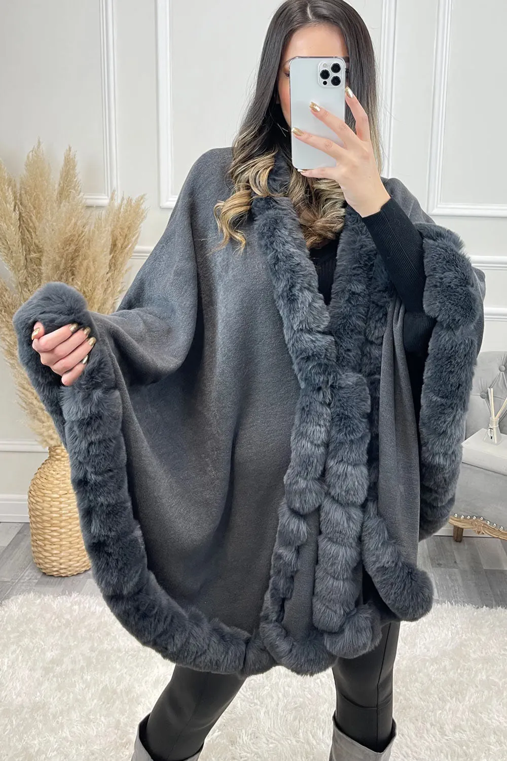 Mindi Grey Faux Fur Cape