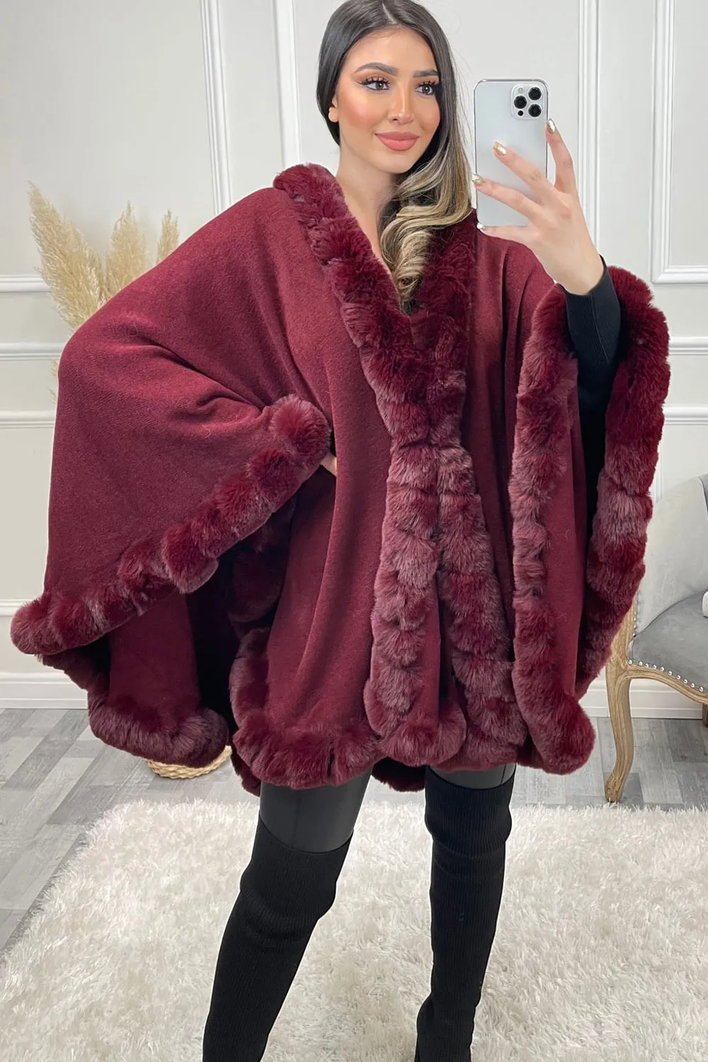 Mindi Wine Faux Fur Cape