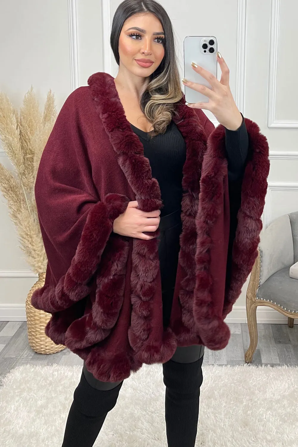Mindi Wine Faux Fur Cape