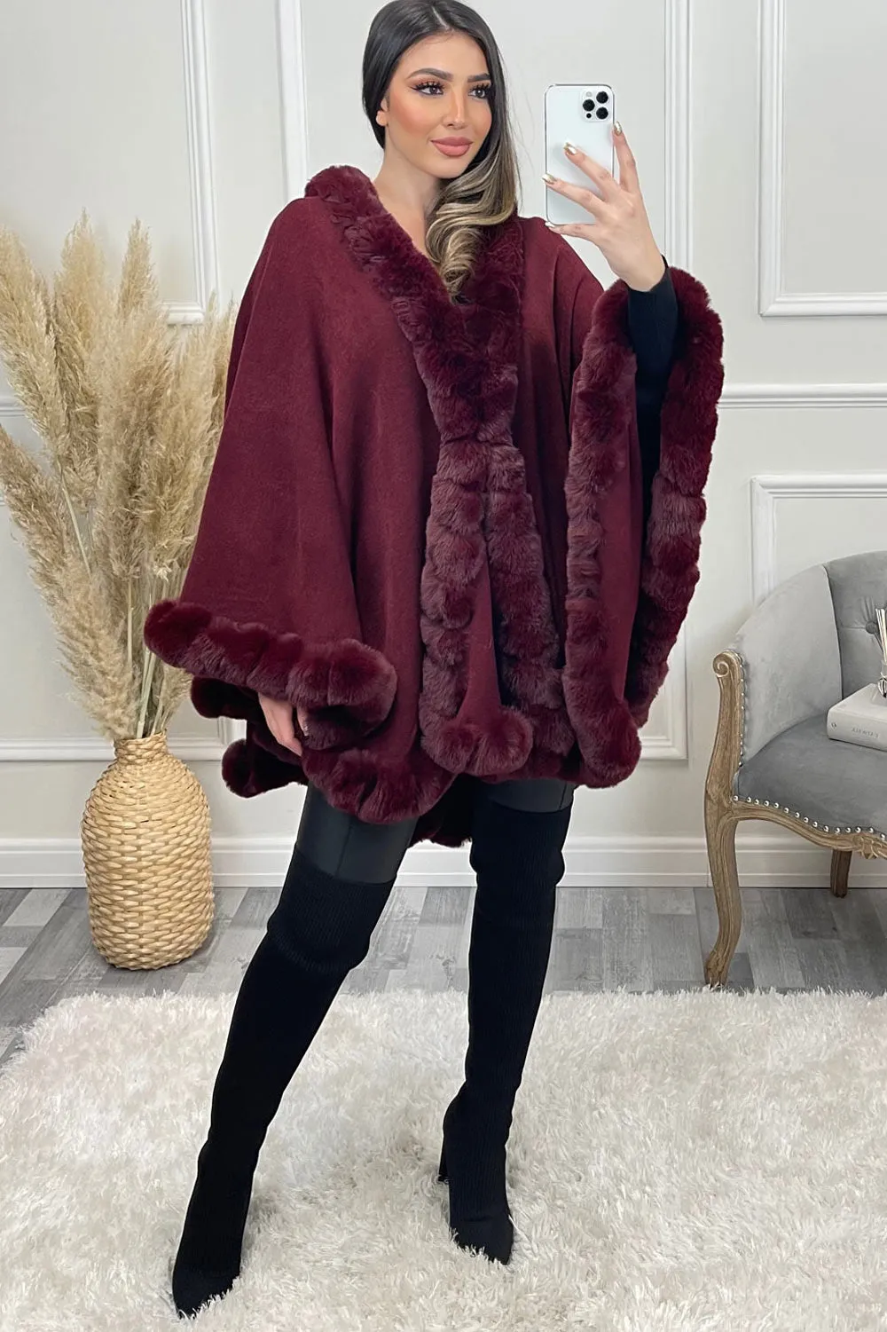 Mindi Wine Faux Fur Cape