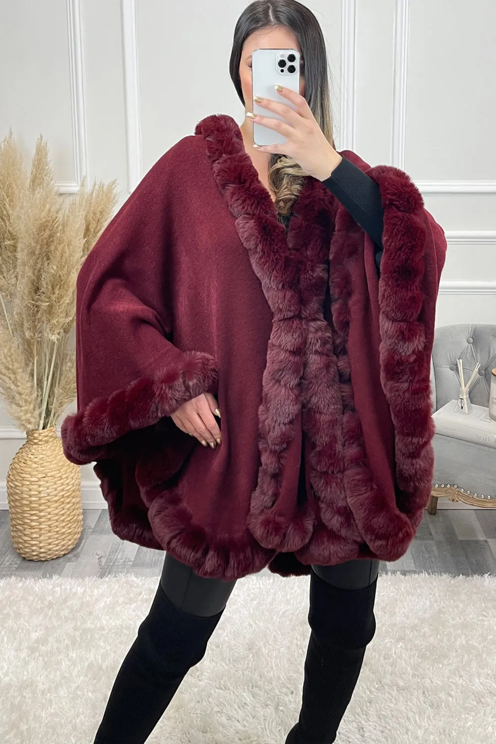 Mindi Wine Faux Fur Cape