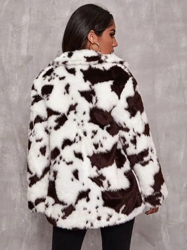 New Faux Fur Coats For Women Long Sleeves Casual Cow Printed Stretch Turndown Collar White Women Coat