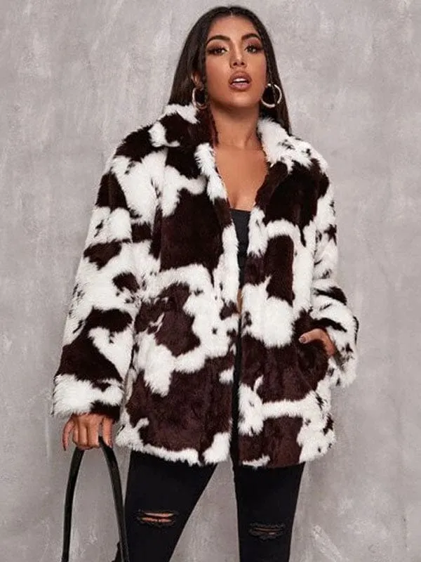 New Faux Fur Coats For Women Long Sleeves Casual Cow Printed Stretch Turndown Collar White Women Coat