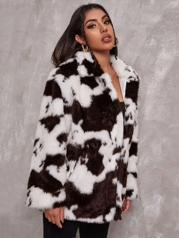 New Faux Fur Coats For Women Long Sleeves Casual Cow Printed Stretch Turndown Collar White Women Coat