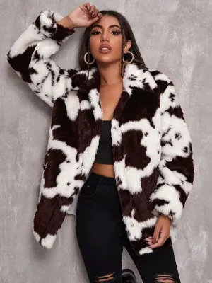 New Faux Fur Coats For Women Long Sleeves Casual Cow Printed Stretch Turndown Collar White Women Coat