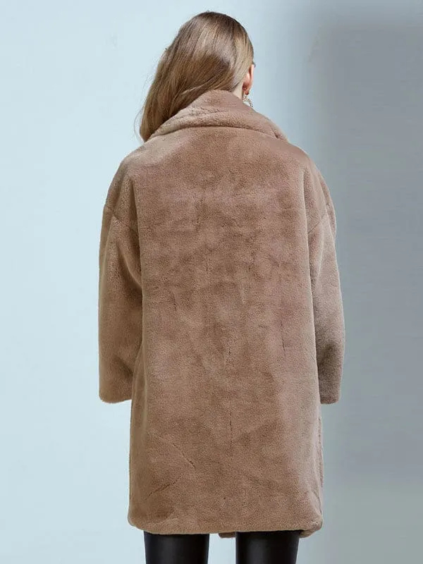 New Faux Fur Coats For Women Long Sleeves Casual Oversized Turndown Collar White Winter Coat