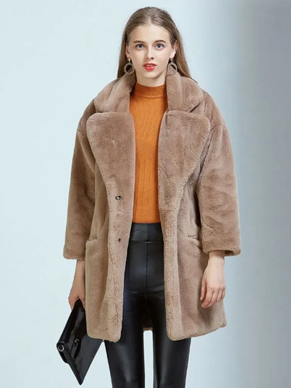 New Faux Fur Coats For Women Long Sleeves Casual Oversized Turndown Collar White Winter Coat