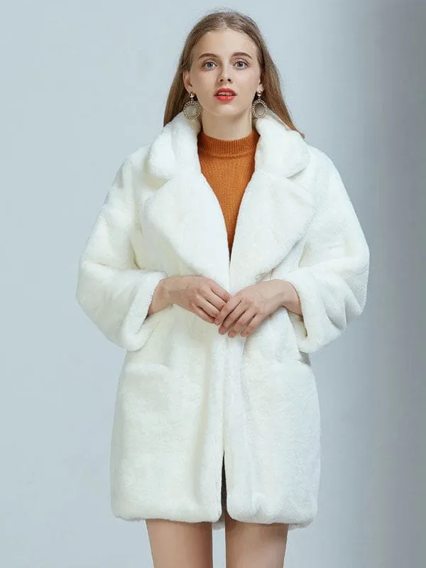New Faux Fur Coats For Women Long Sleeves Casual Oversized Turndown Collar White Winter Coat