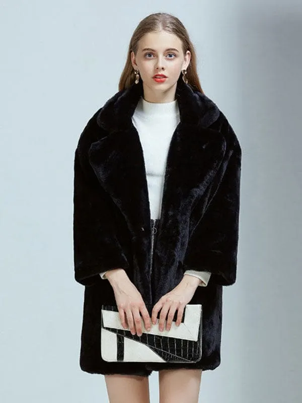 New Faux Fur Coats For Women Long Sleeves Casual Oversized Turndown Collar White Winter Coat