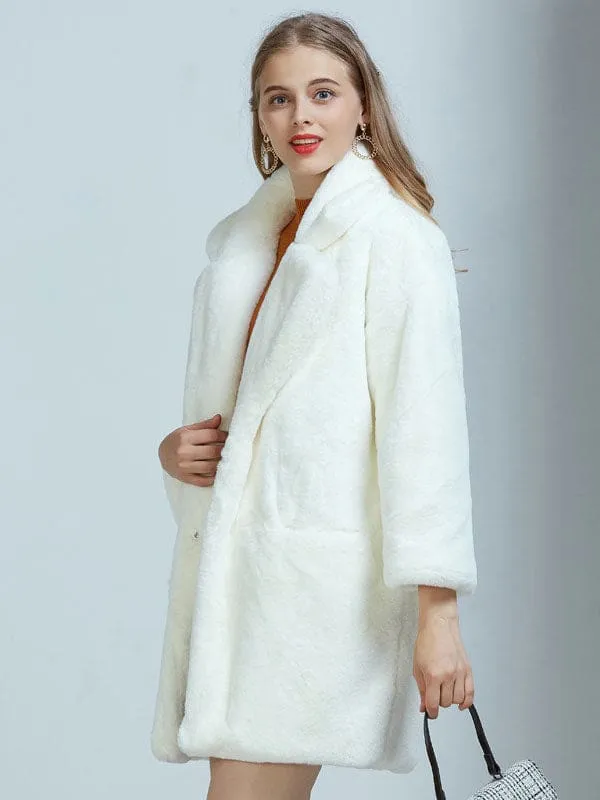 New Faux Fur Coats For Women Long Sleeves Casual Oversized Turndown Collar White Winter Coat