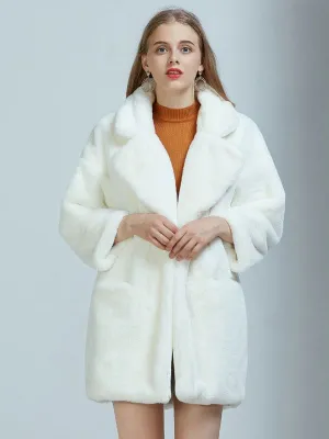New Faux Fur Coats For Women Long Sleeves Casual Oversized Turndown Collar White Winter Coat