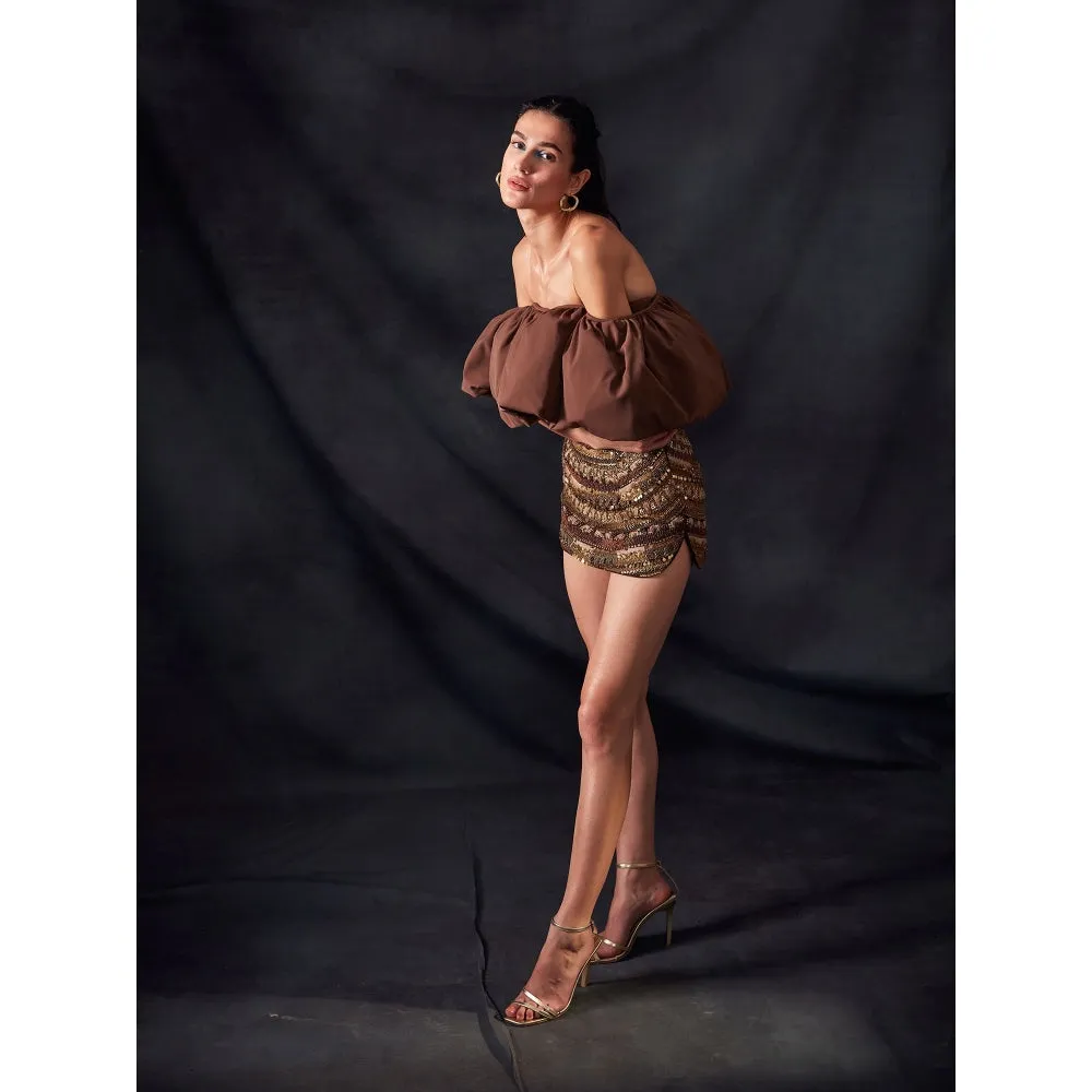 Nikita Mhaisalkar Dark Tan Off Shoulder Top