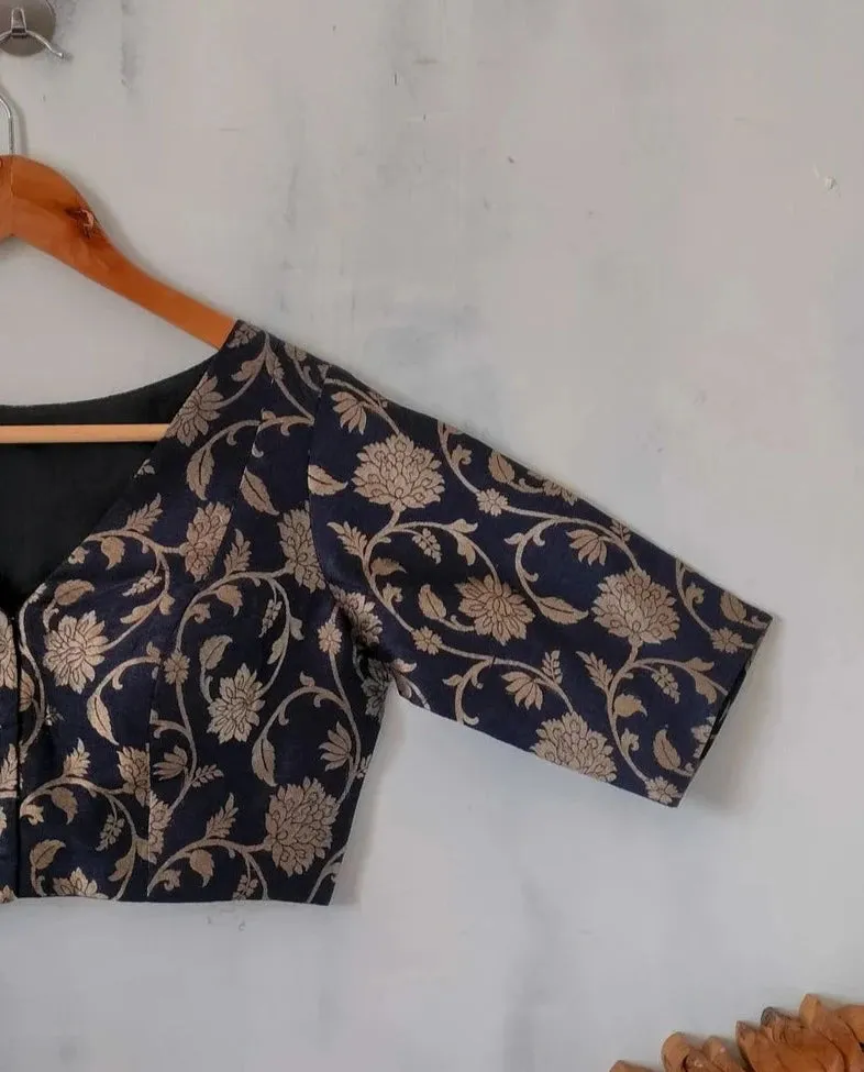 Readymade Black Silk Elbow Sleeve Blouse With Floral Design