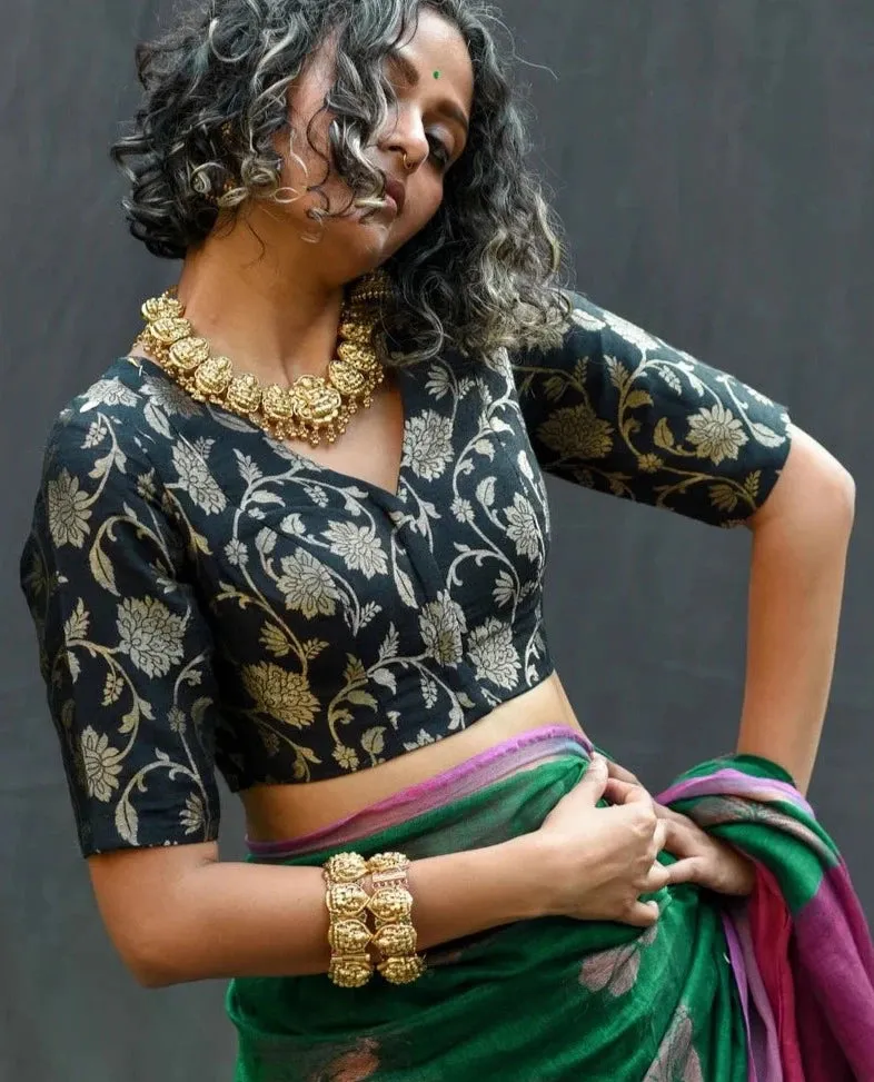 Readymade Black Silk Elbow Sleeve Blouse With Floral Design