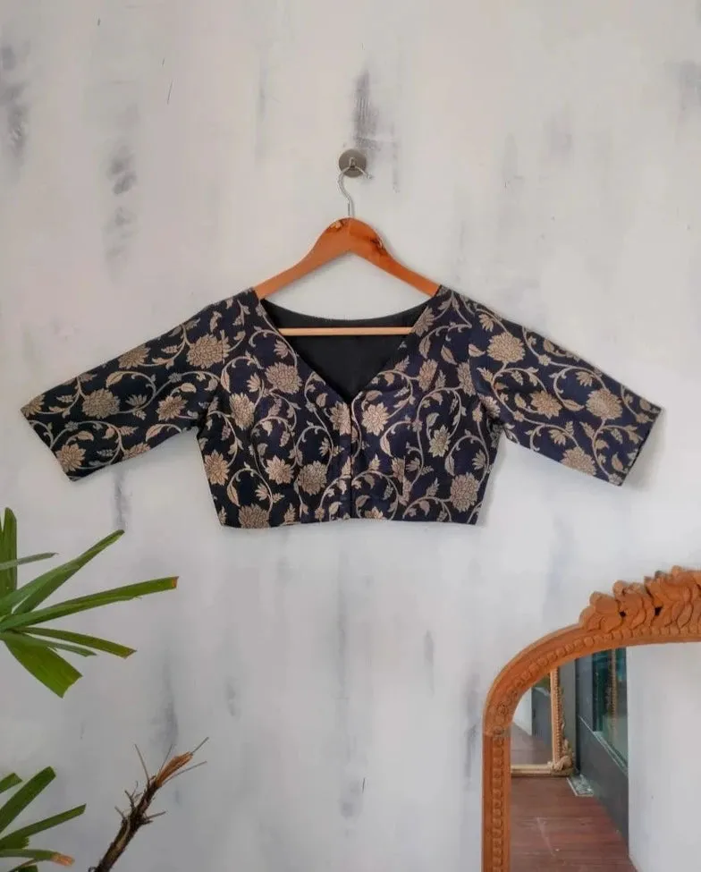 Readymade Black Silk Elbow Sleeve Blouse With Floral Design
