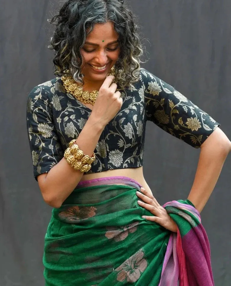 Readymade Black Silk Elbow Sleeve Blouse With Floral Design