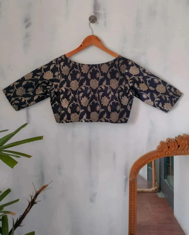 Readymade Black Silk Elbow Sleeve Blouse With Floral Design