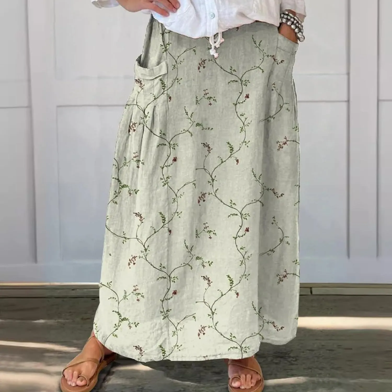 Women Summer Casual Flowy Long Skirts Boho Floral Elastic High Waist Tiered Pleated Beach Maxi Skirt